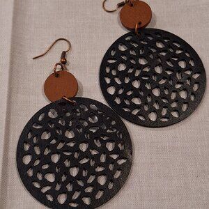 Round Decorative Black Leather Earrings